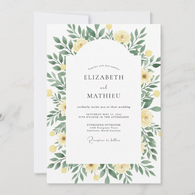Convites Casamento com Folhas de Oliva Amarelas Pressionada (Frente)