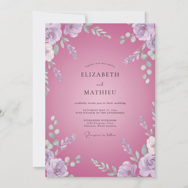 Convites Casamento com Folhas de Orquídea Fúcsia (Frente)