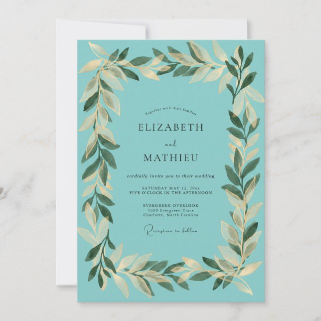 Convites Casamento com Folhas de Ouro Aqua (Frente)