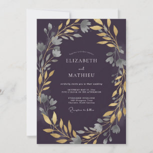 Convites Casamento com Folhas de Ouro e Ameixa Soft