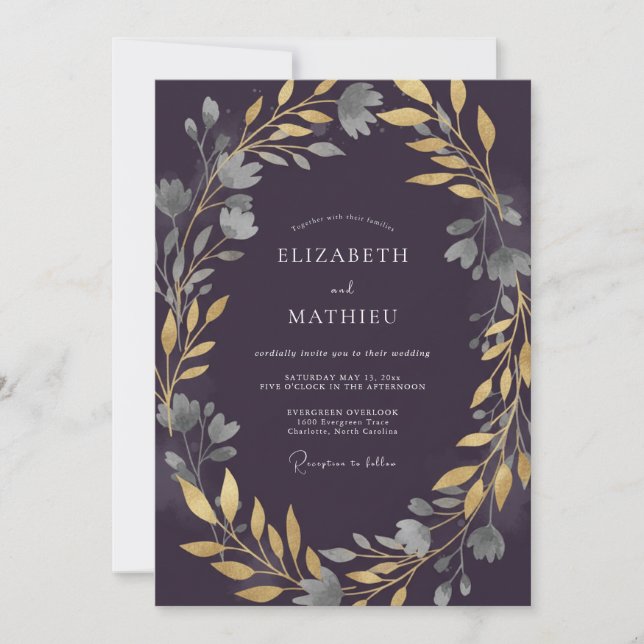 Convites Casamento com Folhas de Ouro e Ameixa Soft (Frente)