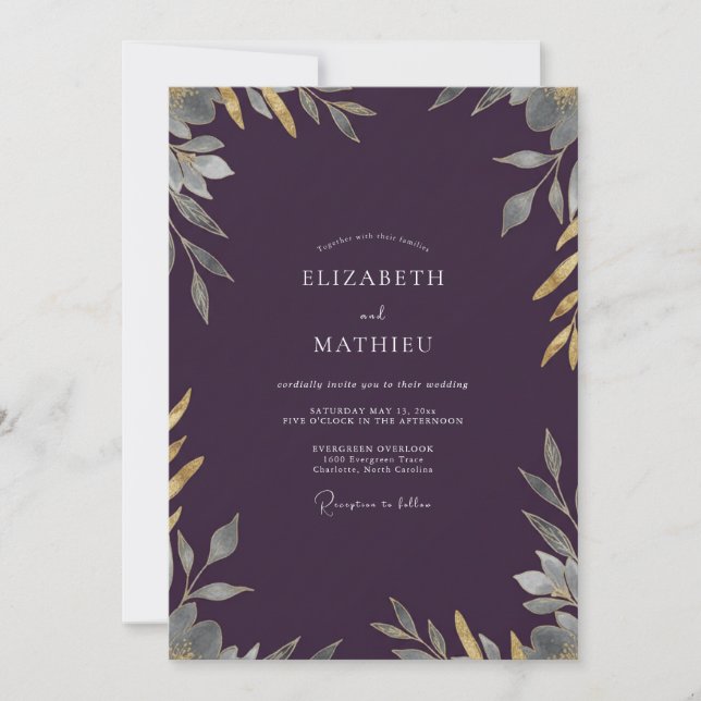 Convites Casamento com Folhas de Ouro e Champanhe de Ameixa (Frente)