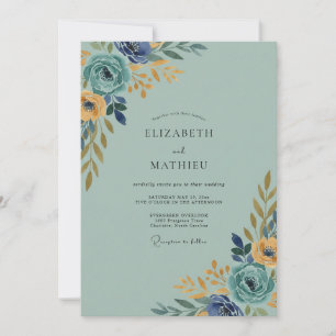 Convites Casamento com Folhas de Ouro e Índigo Macio