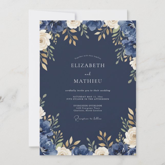 Convites Casamento com Folhas de Ouro Soft Midnight (Frente)