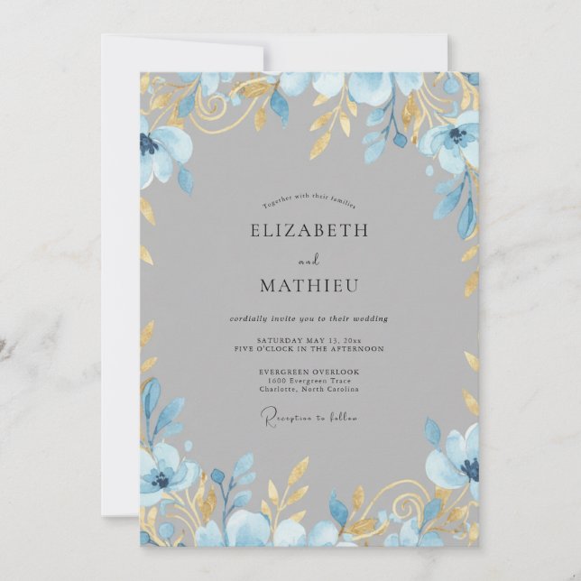Convites Casamento com Folhas de Ouro Suave em Slate (Frente)