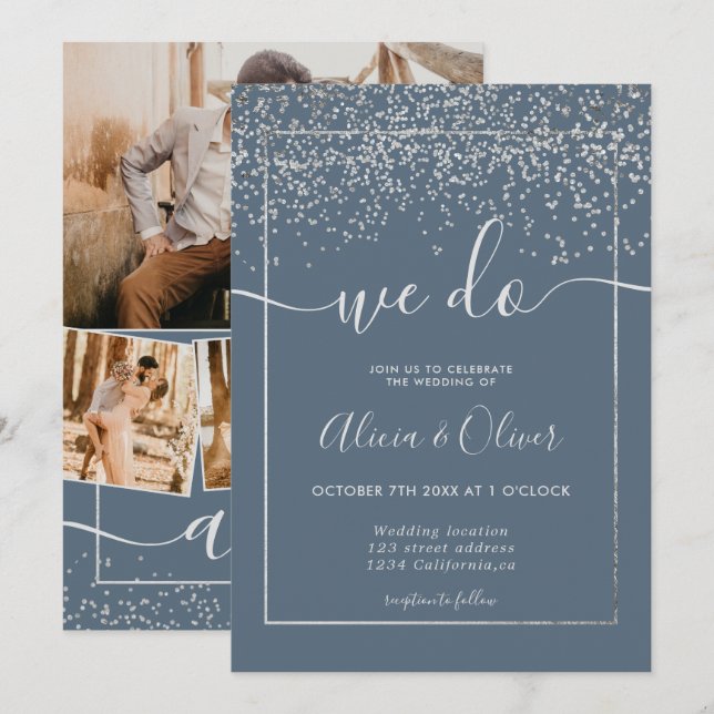 Convites Casamento com folhas de papel pelado azul empoeira (Frente/Verso)