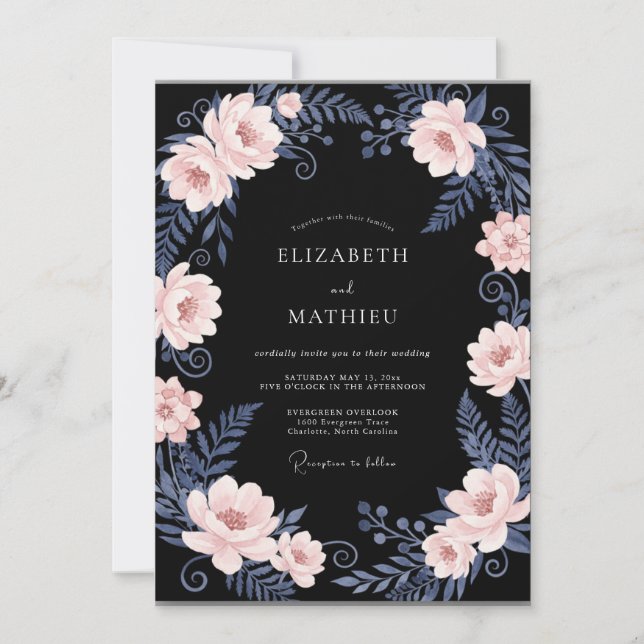 Convites Casamento com Folhas de Pêssego Preto (Frente)