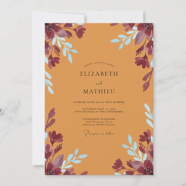 Convites Casamento com Folhas de Plum Ochre (Frente)