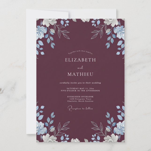 Convites Casamento com Folhas de Plum Periwinkle (Frente)