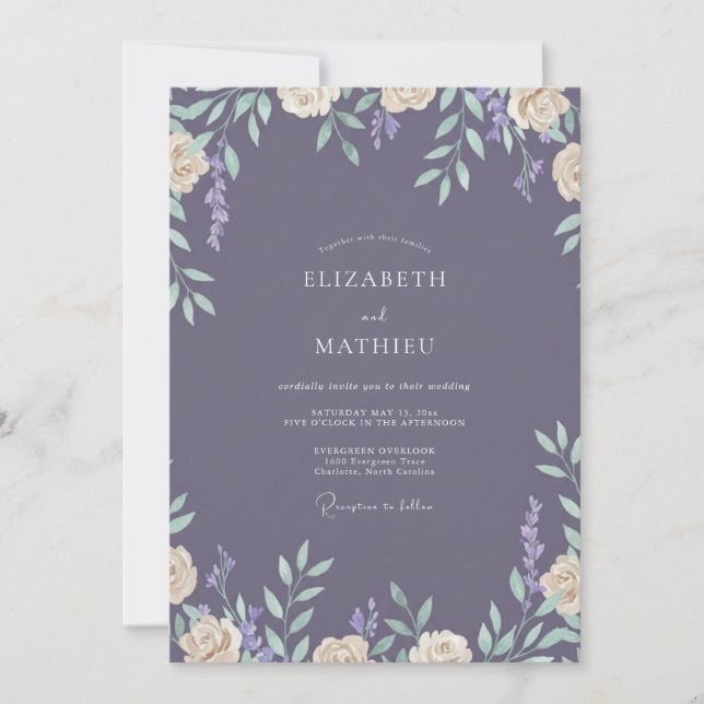 Convites Casamento com Folhas de Plum Slate (Frente)