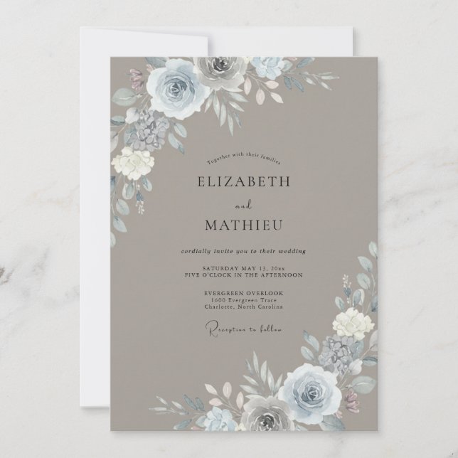 Convites Casamento com Folhas de Prata Baço Bege (Frente)