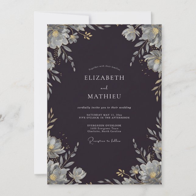 Convites Casamento com Folhas de Prata e Carvão (Frente)