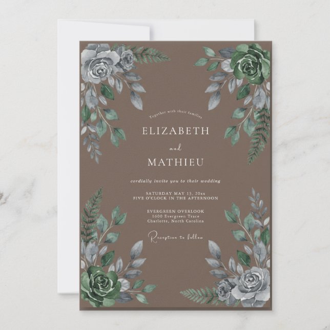 Convites Casamento com Folhas de Prata Taupe (Frente)
