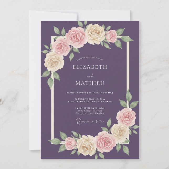 Convites Casamento com Folhas de Rosa Âmbar (Frente)