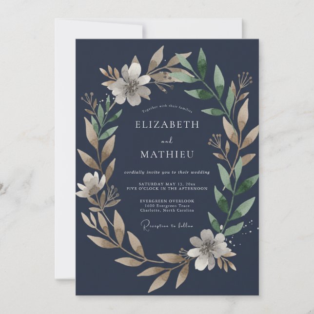 Convites Casamento com Folhas de Safira Escura (Frente)