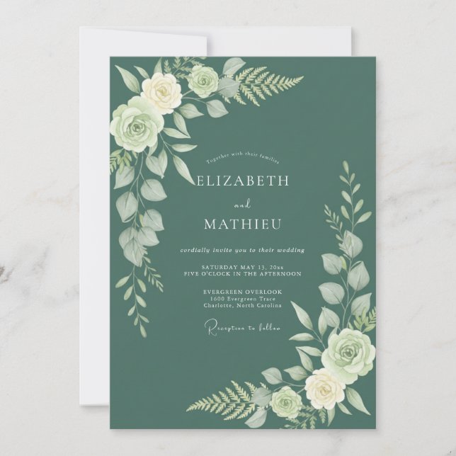 Convites Casamento com Folhas de Sage Azul-Verde (Frente)
