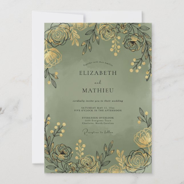 Convites Casamento com Folhas de Sage Douradas (Frente)