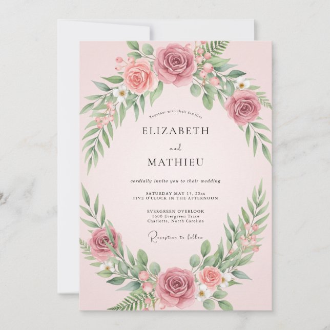 Convites Casamento com Folhas de Sage Rosadas (Frente)