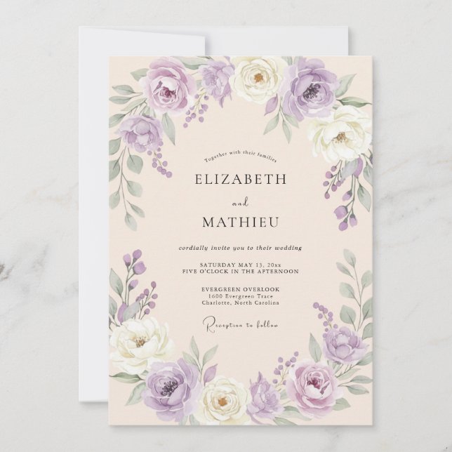 Convites Casamento com Folhas de Sálvia Lavanda (Frente)
