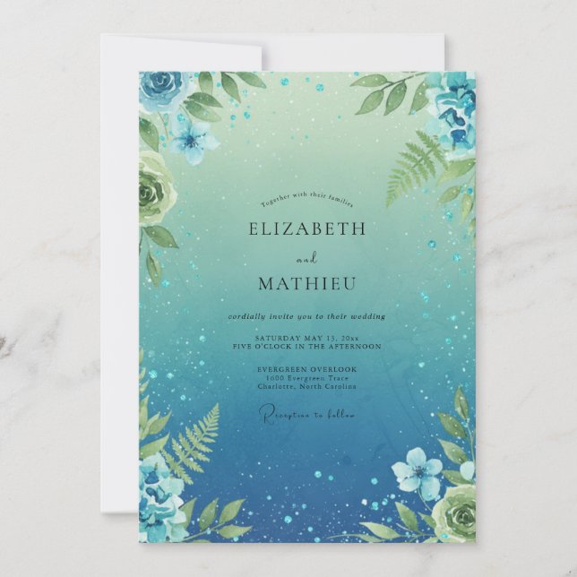 Convites Casamento com Folhas de Samambaia Azul (Frente)