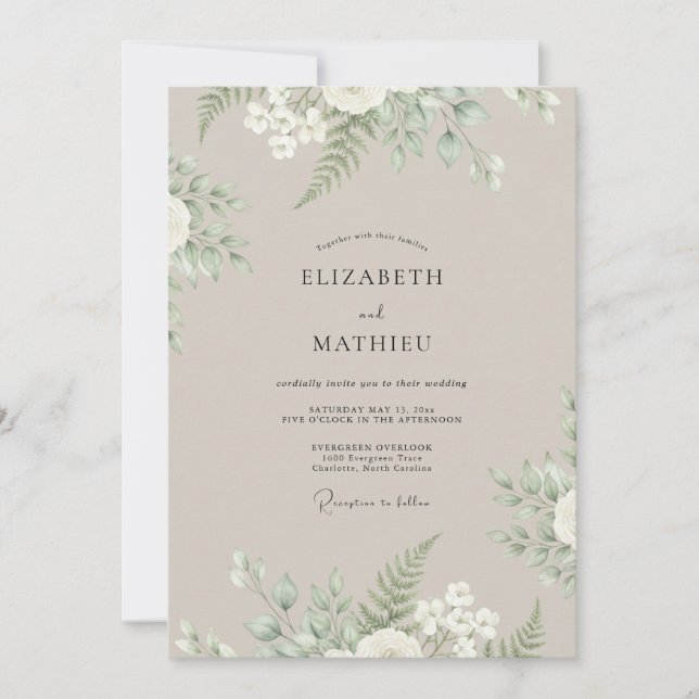 Convites Casamento com Folhas de Samambaia Bege (Frente)