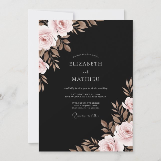 Convites Casamento com Folhas de Taupe Preto (Frente)