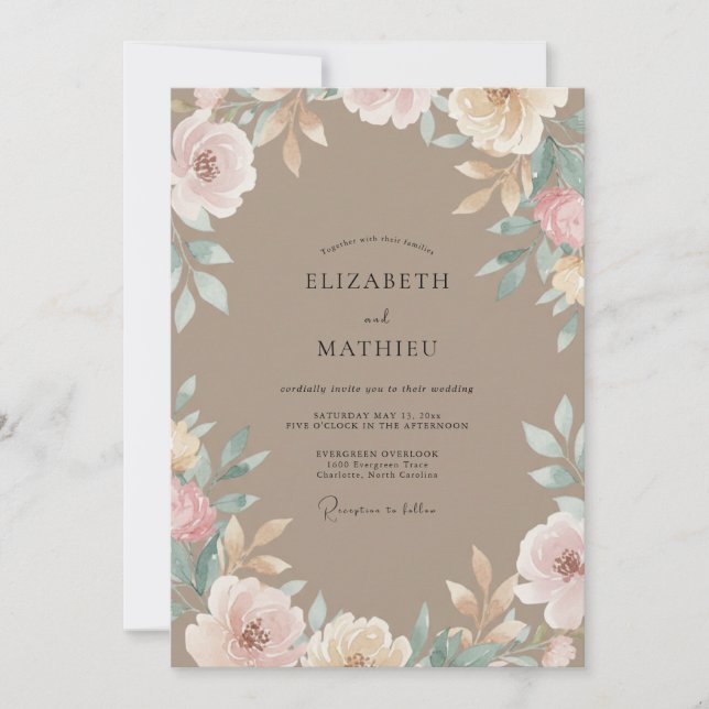Convites Casamento com Folhas de Taupe Rosa (Frente)
