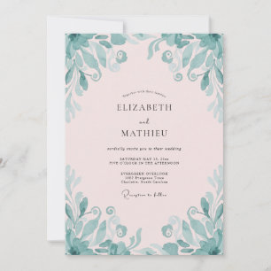 Convites Casamento com Folhas de Teal Rosa Pálido
