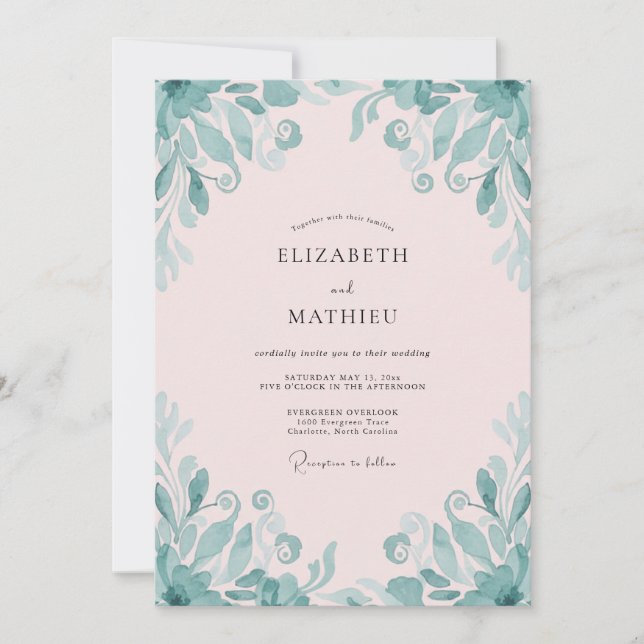 Convites Casamento com Folhas de Teal Rosa Pálido (Frente)