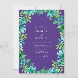 Convites Casamento com Folhas de Teal Roxo