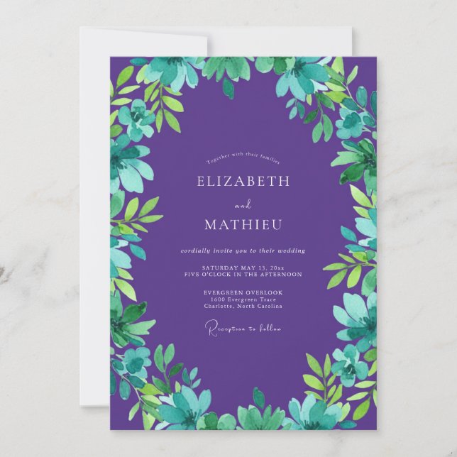 Convites Casamento com Folhas de Teal Roxo (Frente)