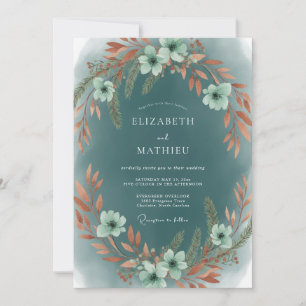 Convites Casamento com Folhas de Terracota Azul-Verde