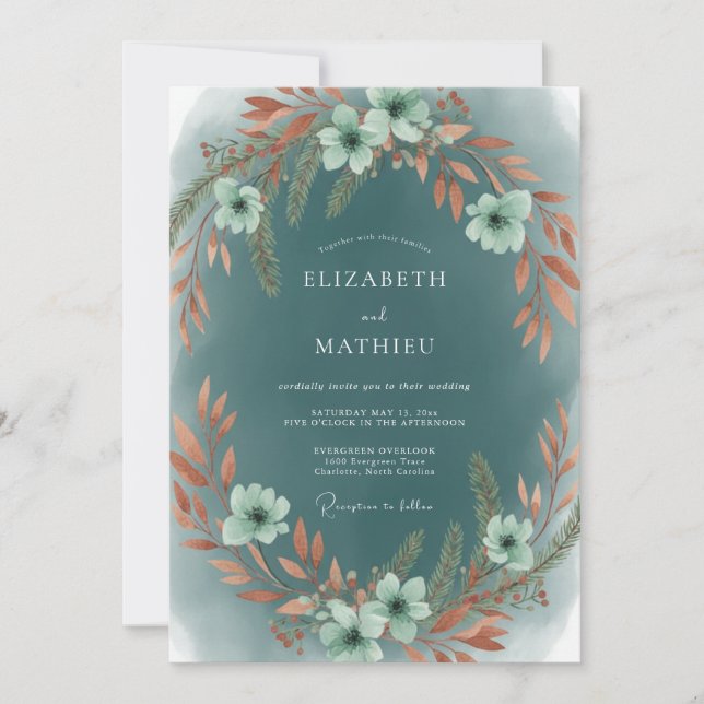Convites Casamento com Folhas de Terracota Azul-Verde (Frente)
