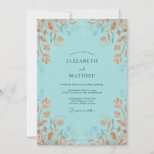 Convites Casamento com Folhas de Terracota Suave em Aqua