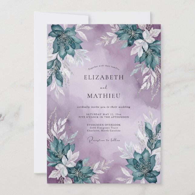 Convites Casamento com Folhas de Turquesa e Lavanda (Frente)