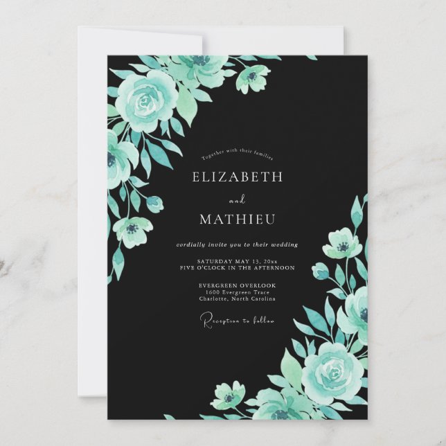 Convites Casamento com Folhas de Turquesa Preta (Frente)