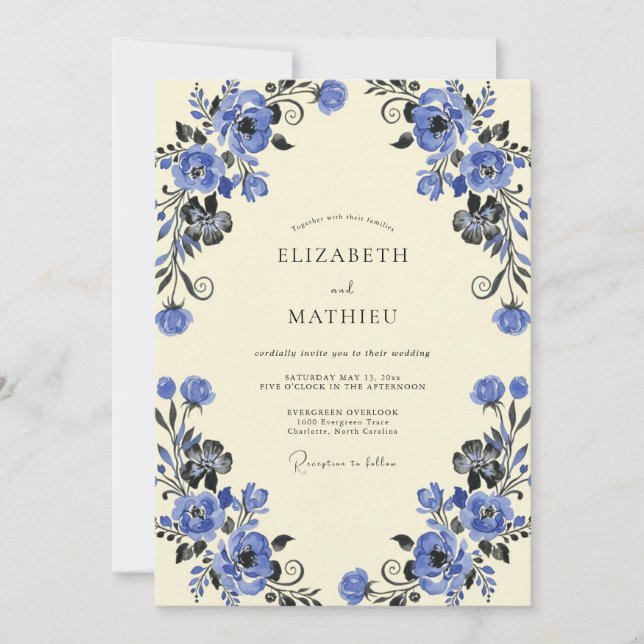 Convites Casamento com Folhas de Vinha Cobalto (Frente)
