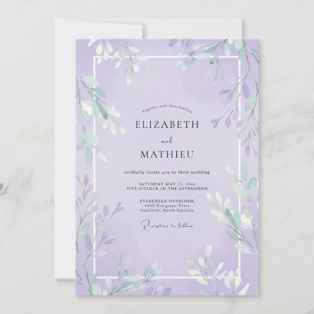 Convites Casamento com Folhas de Violeta Suave (Frente)
