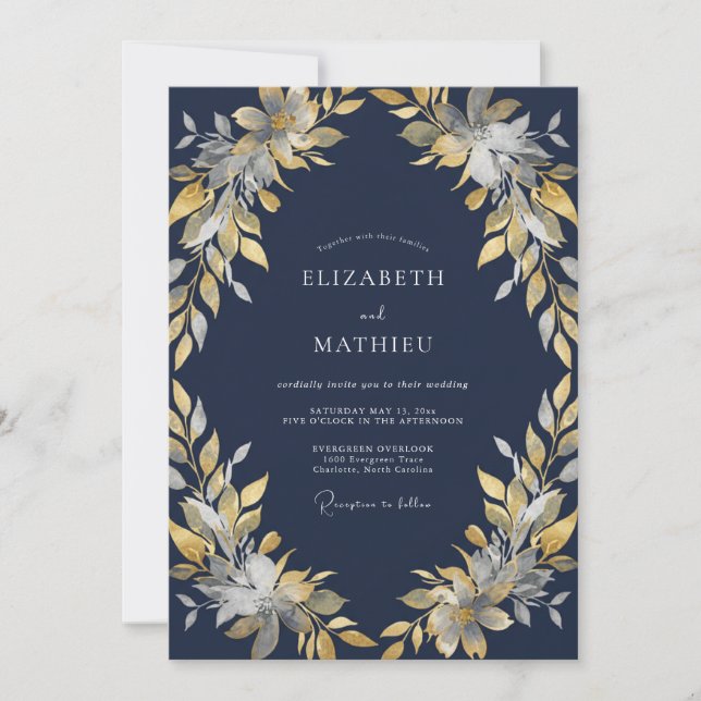 Convites Casamento com Folhas Douradas à Meia-Noite (Frente)