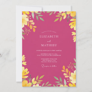 Convites Casamento com Folhas Douradas em Magenta