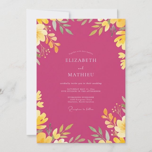 Convites Casamento com Folhas Douradas em Magenta (Frente)