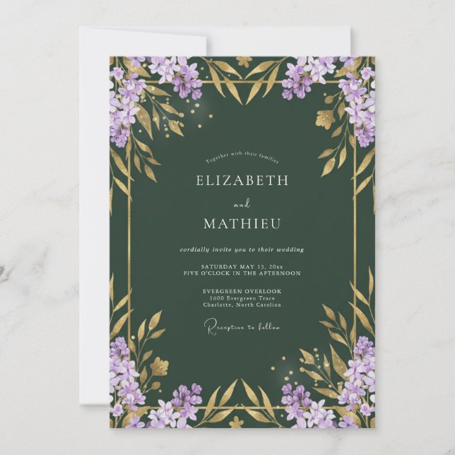 Convites Casamento com Folhas Douradas Lilás (Frente)
