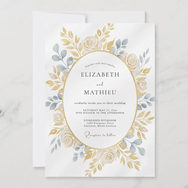Convites Casamento com Folhas e Ardósia Champanhe (Frente)