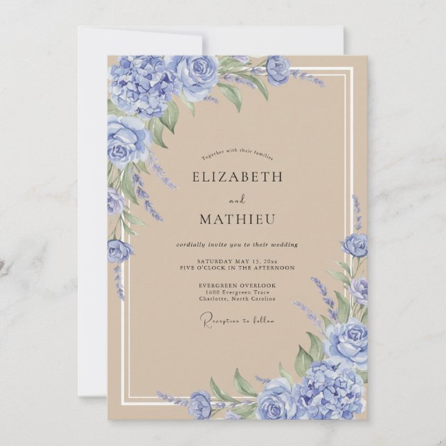 Convites Casamento com Folhas e Areia de Periwinkle (Frente)