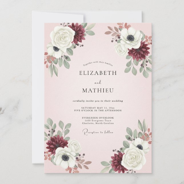 Convites Casamento com Folhas e Bege Rosado Borgonha (Frente)