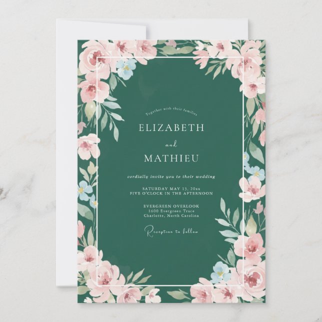 Convites Casamento com Folhas e Caçador Cor-de-Rosa (Frente)