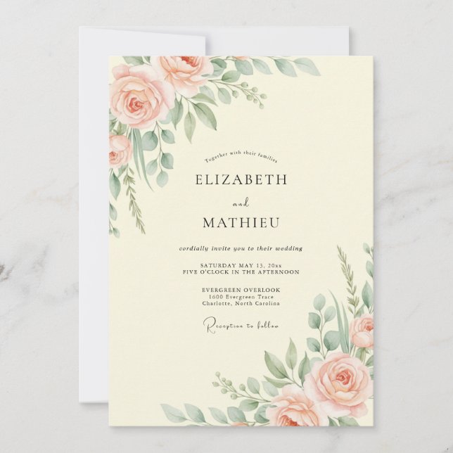 Convites Casamento com Folhas e Creme de Pêssego (Frente)