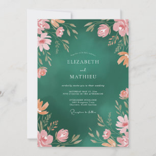 Convites Casamento com Folhas e Damasco Esmeralda