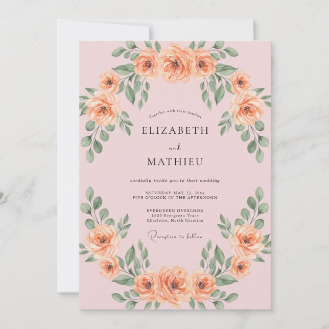 Convites Casamento com Folhas e Damasco Rosado (Frente)