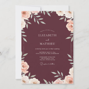 Convites Casamento com Folhas e Flores de Ameixa